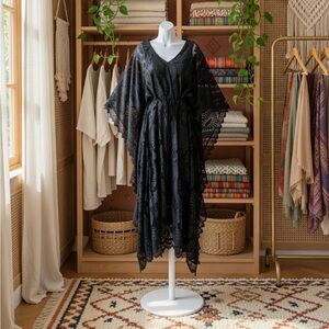 Mia Joy Aluma Joyfolie Black Lace Kaftan Maxi Dress NWT L